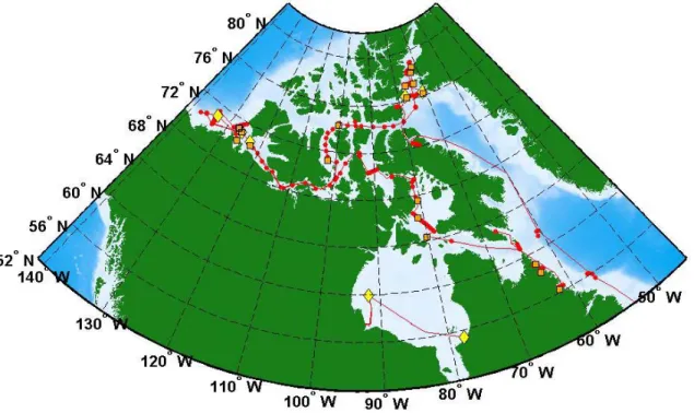 FIGURE 1. ArcticNet 2006 study area. Ship track is illustrated as a red line, Rosette- Rosette-CTD sampling locations are represented by red dots, yellow  diamond-shaped dots show mooring sites and SCAMP sampling stations are  represented by orange squares