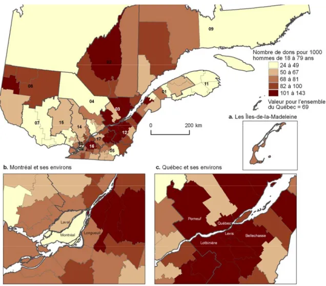 Figure 8. Nombre moyen de dons par année pour 1000 habitants par année et par MRC  de résidence (hommes sur les cinq dernières années)