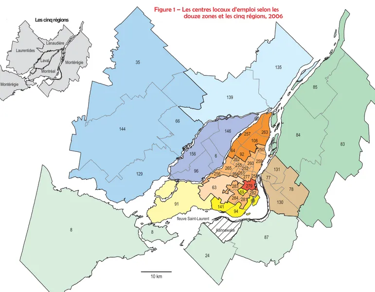Figure 1 – Les centres locaux d’emploi selon les                   douze zones et les cinq régions, 2006