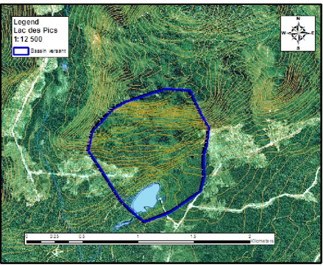 Figure 5 : Carte topographique délimitant le bassin versant du lac des Pics. 