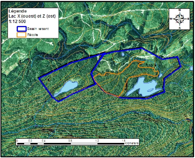 Figure 6 : Carte topographique délimitant les bassins versants du lac X (gauche) et du lac Z  (droite) 