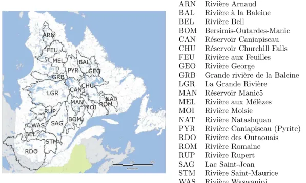 Fig. 1.1 – Carte des bassins versants de la p´ eninsule Qu´ ebec/Labrador Nous ´ etudions dans ce rapport les six simulations du MRCC en climat actuel (1961–1999) pr´ esent´ ees dans le tableau 1.1, ` a savoir acy, acz, adi, acw, acx et ade