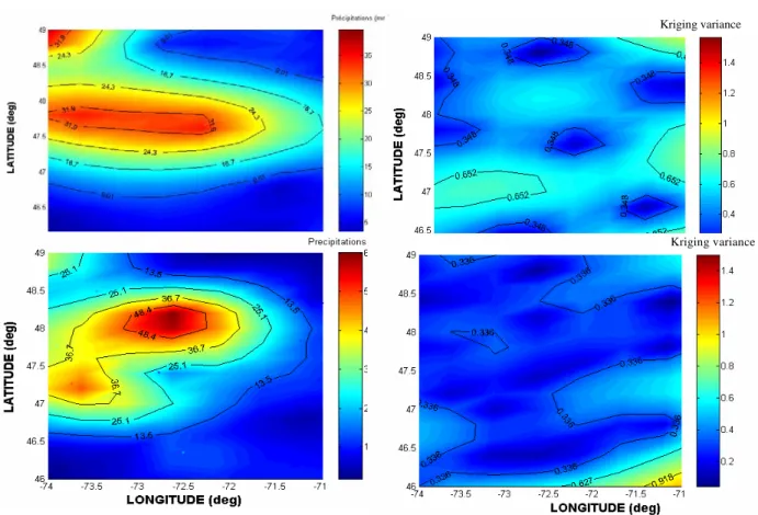 Figure 7. Interpolated precipitations and kriging variance for a rain event in Québec (from  St-Hilaire et al., 2003)