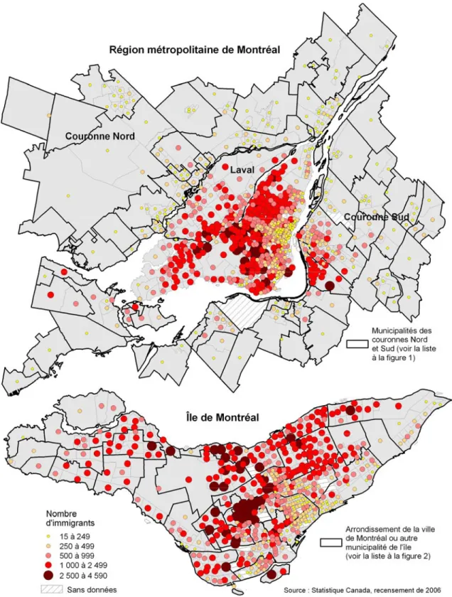 Figure 3. Répartition spatiale des immigrants dans la métropole et l’Île de Montréal en  2006