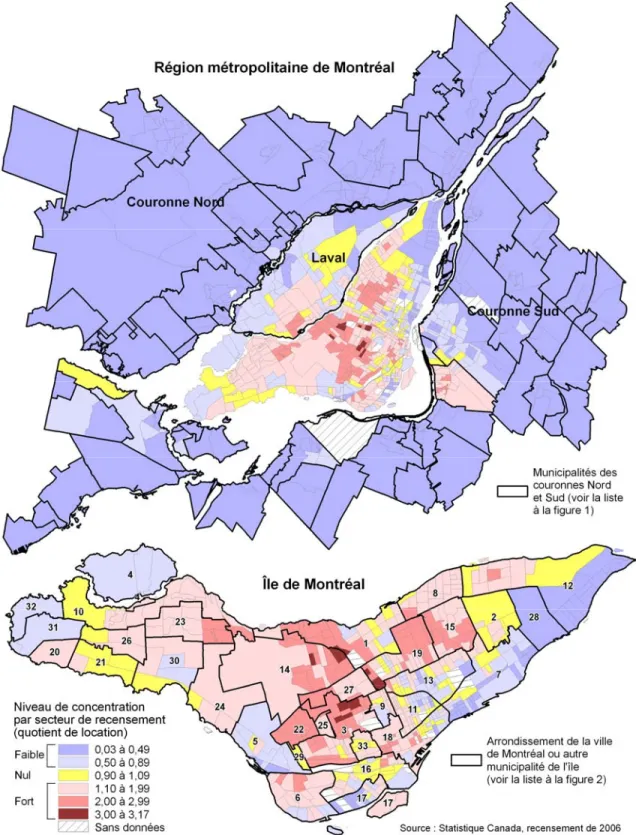 Figure 4. Concentration spatiale des immigrants dans la métropole et l’Île de Montréal en  2006