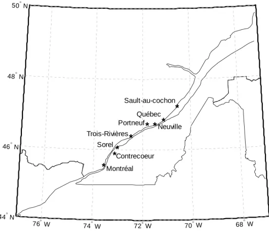 Figure  1 :  Carte  des  villes  de  départ  et  d’arrivée  des  douze  voyages  1)  Montréal-Portneuf,  2) Québec-Trois-Rivières, 3) Montréal-Neuville, 4) Portneuf-Montréal, 5) Neuville-Montréal,  6)  Montréal-Neuville,  7)  Sault-au-cochon-Québec,  8)  C