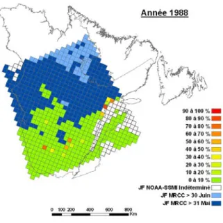 Figure 7- Répartition géographique du pourcentage de couvert nival, année 1988 