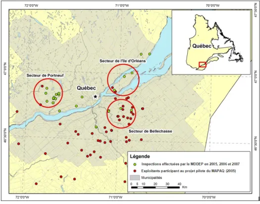 Figure 3-Secteurs de la grande région de Québec regroupant  des sites d'entreposage de fumier au champ sous forme d'amas 