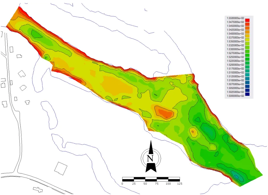 Figure 9 : Vue détaillée de la topographie du site en face des bassins – Référence de 1995– Ligne de berge à l’altitude de 155 m 