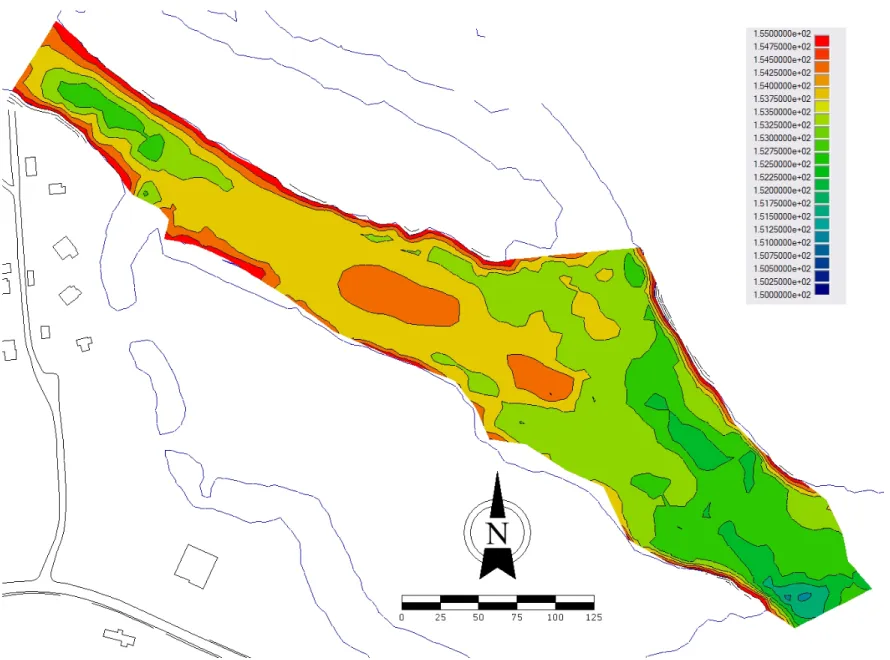 Figure 10 : Vue détaillée de la topographie du site en face des bassins – État en 2003 – Ligne de berge à l’altitude de 155 m 
