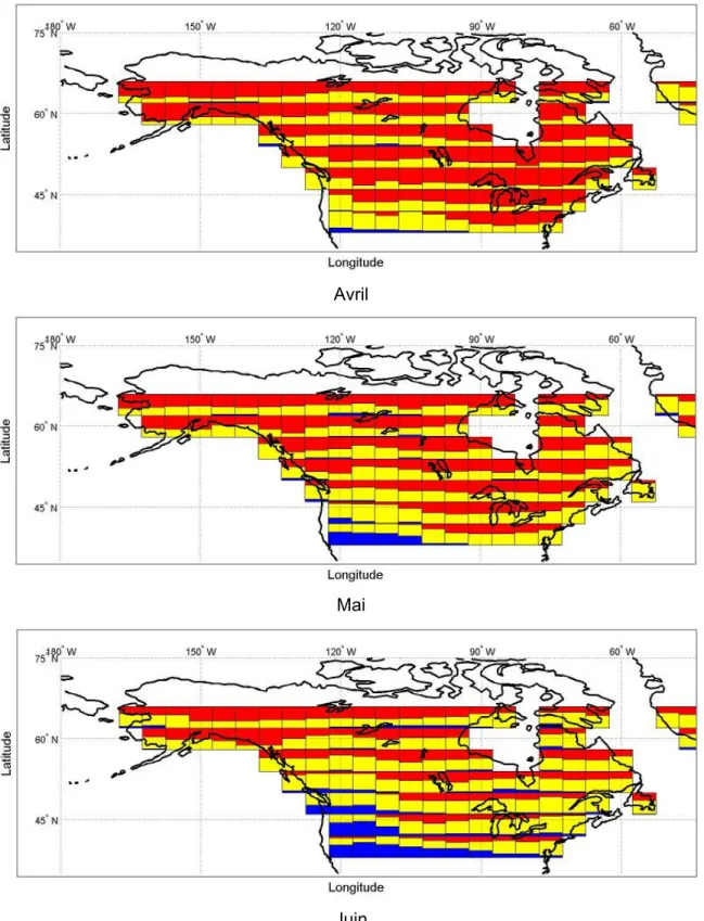 Figure 6.2  Probabilité de tendances positive (rouge), négative (bleu) ou d’une absence de  tendance (jaune) pour les précipitations mensuelles (avril, mai et juin) sur la période  1900-2100 pour le scénario de GES A2 (la fraction de la tuile d’une couleur
