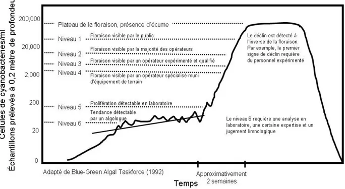 Figure 8.  Courbe de croissance des cyanobactéries et niveaux de détection en fonction de  l’expérience de l’observateur.