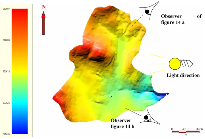 Figure 15 - – PHYSITEL visualization of the DEM of BEREV watershed  Observer of figure 14 a Observer of figure 14 b Light direction N 