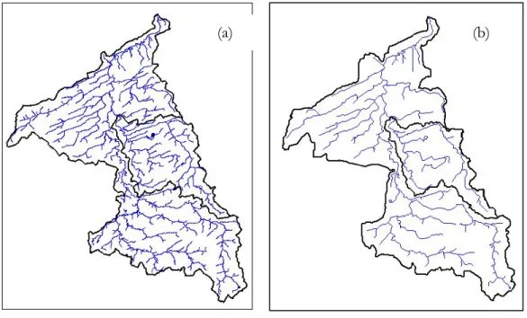 Figure 6.  Current (a) and previous (b) Beaurivage river network generated using PHYSITEL 