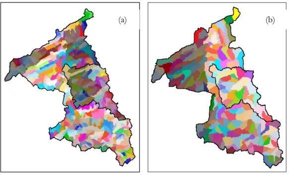 Figure 8.   Current (a) and previous (b) computational domains of RHHUs of the Beaurivage  watershed 