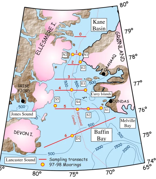 Figure 1.  Map of the NOW sampling region, showing the seven sections and   the bathymetry