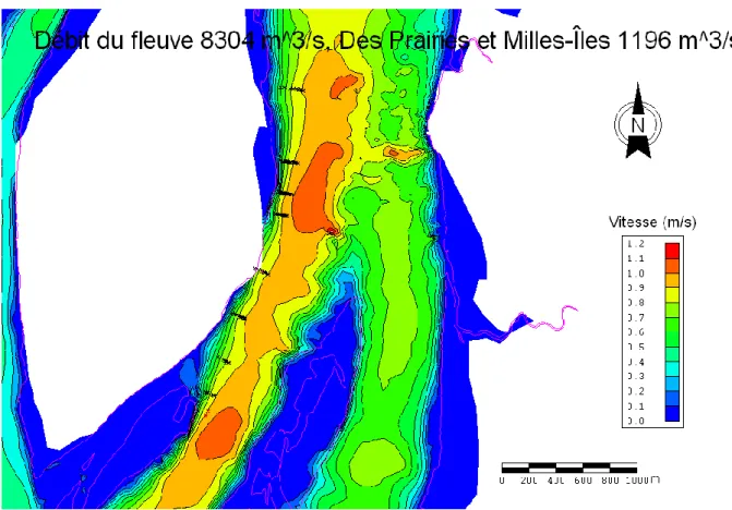 Figure 2. Module de la vitesse de courant tracé par incréments de 0,1 m/s, les x rouges sont les  émissaires de la C.U.M., les x noirs sont les points mesurés lors de l’essai du 2 novembre 1983