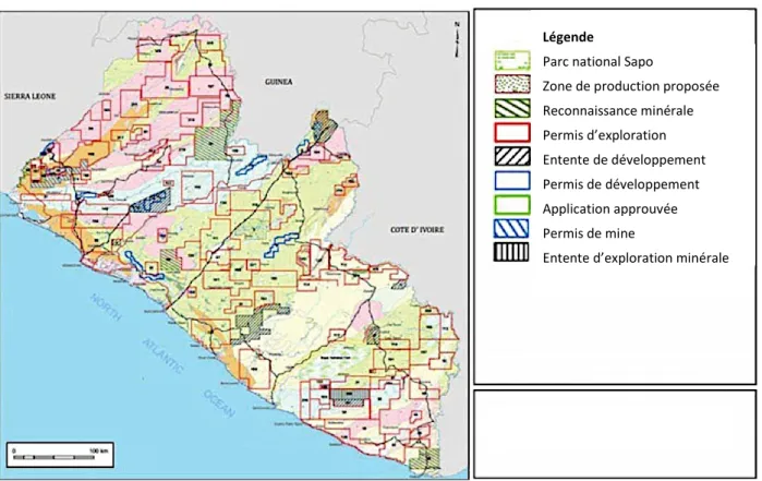 Figure 3.1 Carte des propriétés minières au Liberia (tiré de : World Bank Group, 2015, p