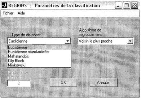 Figure 2.11  Fenêtre de  sélection des paramètres de la classification 
