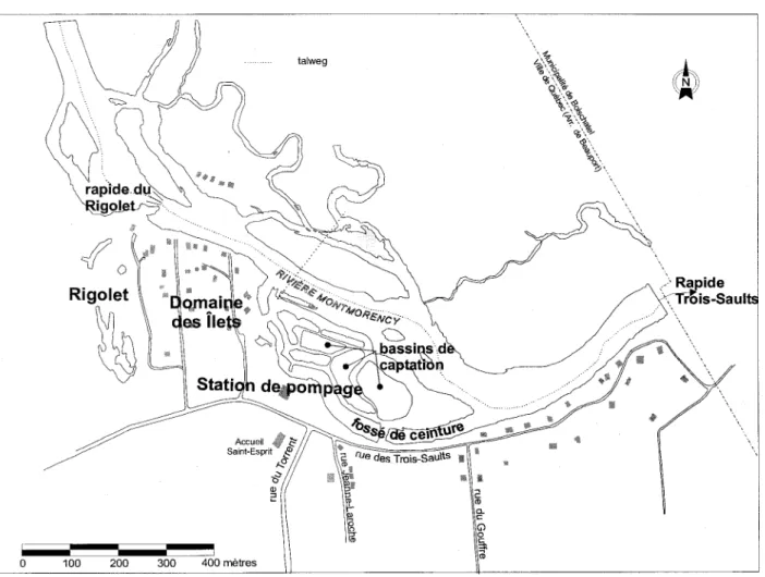 Figure 1 : Emplacement et configuration de la zone d'étude dans le secteur  des Îlets de la rivière  Montmorency 