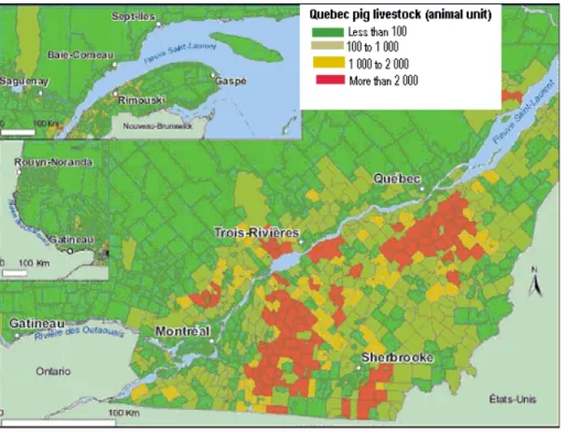 Figure 2.1  Distribution of pig livestock population in Quebec ([BAPE, 2003], volume I,  p