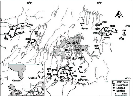 Figure 4.1  Map of the studied region with the location of the reference, burnt and logged  lakes [Carignan et al., 2000]
