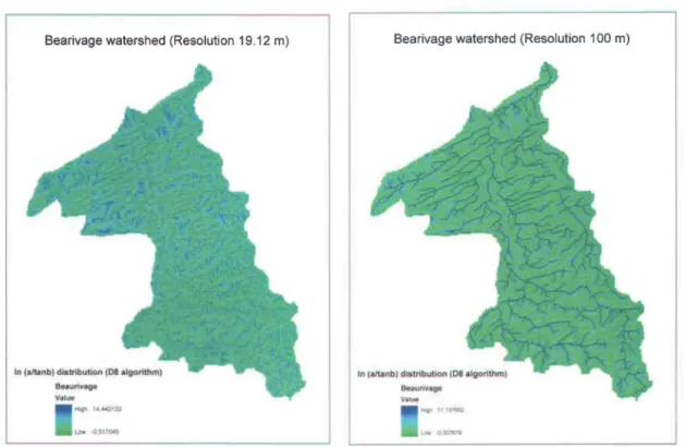 Figure 3.2:  TI distributions  obtained by the D8 method on the Beaurivage watershed for  the  two grid resolutions  (19.12 m and 100 m)