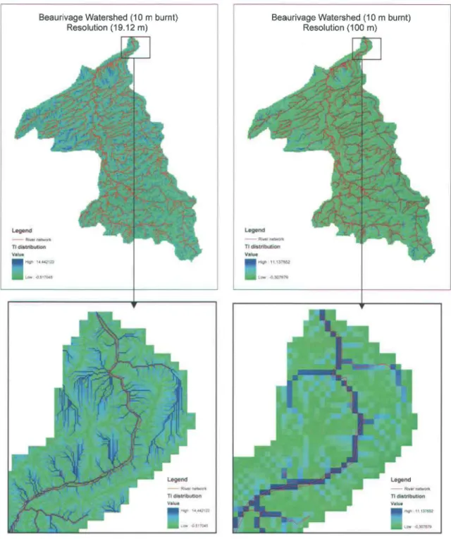Figure  3.3  :  The resolution  effect  (19  m  and  100  m)  on  TI distributions  obtained by the  D8  method on the Beaurivage watershed