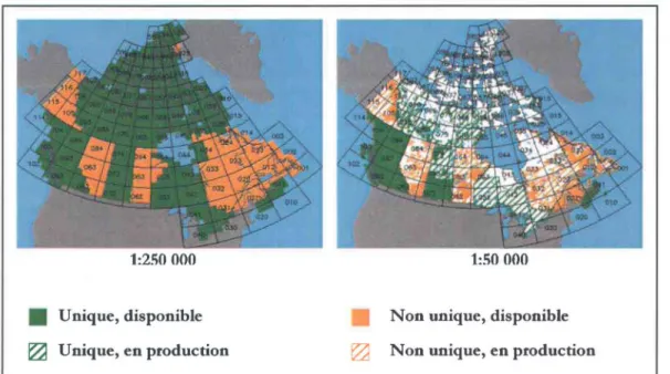 Figure 3.4 : Régions  canadiennes couvertes par les DNEC 1:250 000 et 1:50 000  en date  du  rr  janvier 2005  (GeoBase®) 