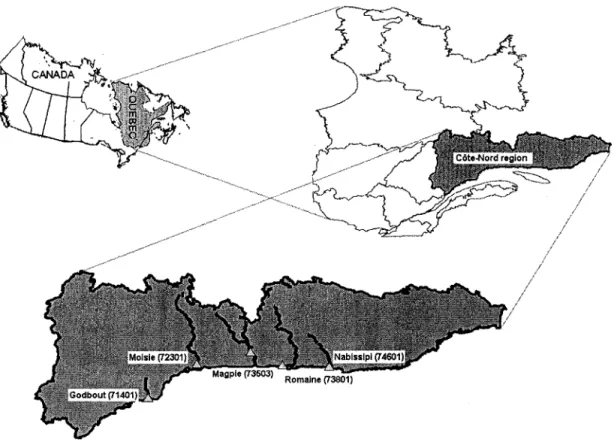 Figure 3 : Location map of the five studied rivers in the province of Quebec, Canada. 