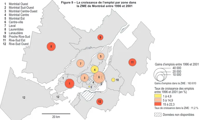 Figure 9 – La croissance de l’emploi par zone dans                   la ZME de Montréal entre 1996 et 2001
