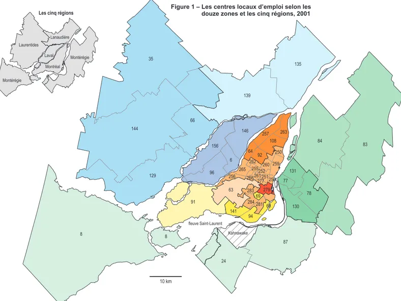 Figure 1 – Les centres locaux d’emploi selon les                   douze zones et les cinq régions, 2001