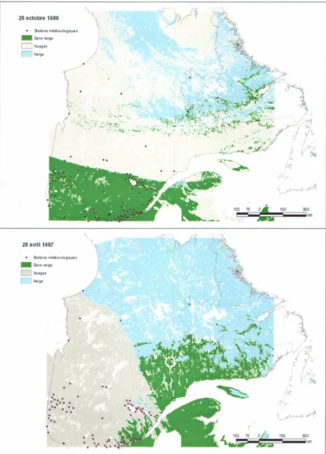 Figure 5 : Couvert nival obtenu à partir des images AVHRR à  l'aide de l'algorithme de  classification  pour le  26/10/1986 et le 28/04/1987 