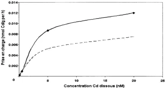 Figure 5a. Relation  entre  la prise  en  charge  du  cadmium  et  la concentration en cadmium  dissous