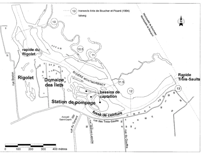 Figure 1 : Tronçon  à  l'étude de la  rivière  Montmorency (Source: Leclerc et al.,  1998) 