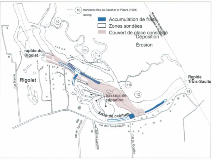 Figure 6 : Observations de glace consolidé et de la  présence de frasil  en  janvier 2004 en  divers  sites ciblés  pour le  prise d'eau de  Beauport 