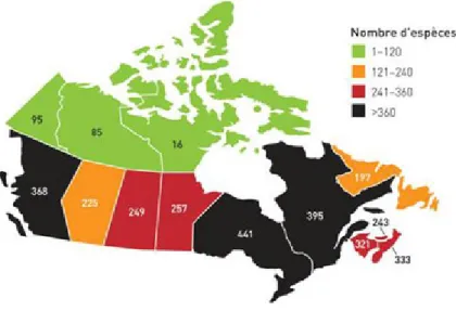 Figure 1.2 Nombre d’espèces de plantes exotiques envahissantes au Canada (tiré de : ACIA, 2008)  Il est à noter que les deux autres provinces avec le plus d’espèces végétales exotiques envahissantes,  l’Ontario et la Colombie-Britannique, possèdent une str