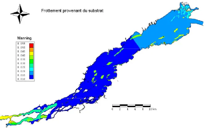 Figure 5 : Frottement du substrat (coefficient de frottement de Manning) utilisé pour les simulations en  absence de plante et de glace