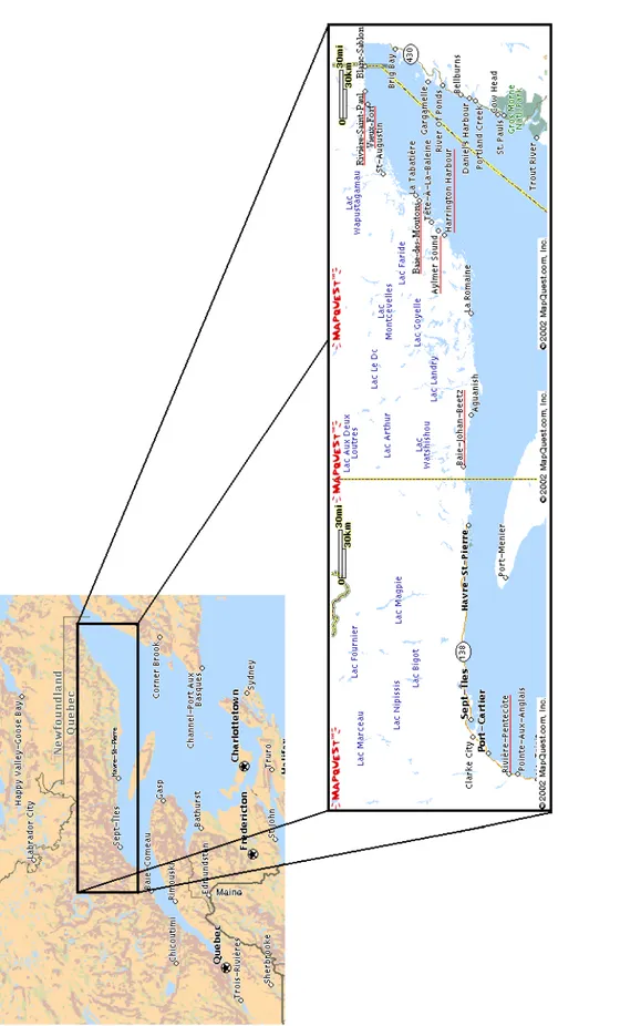 Figure 2.1 Carte de la Côte-Nord et localisation des localités concernées par la présente étude.