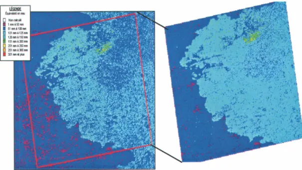 Figure 6 : Cartes d'équivalents  en eau du début janvier produites à partir des images des modes ScanSAR  Narrow (gauche) et Widei (droite)