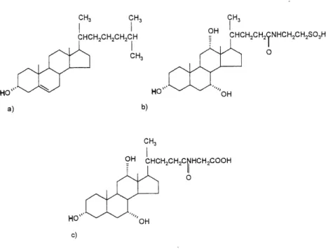 Figure 1-6. Structure du (a) cholesterol, (b) de Facide taurocholique et (c) de 1'acide glycocholique.