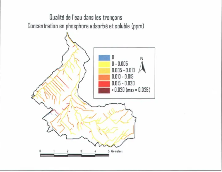 Figure 3.4.2.2-c : Concentration en  phosphore dans le réseau  hydrographique du bassin versant Boyer  Nord au terme de la période de simulation