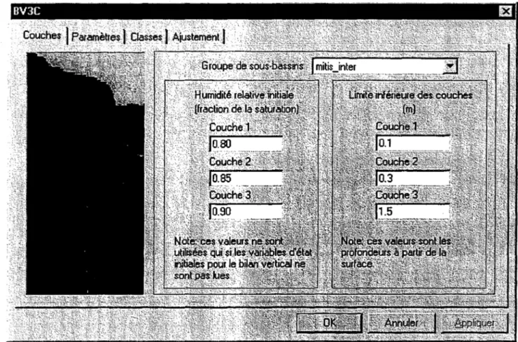 Figure 5.1  Exemple de  boîte de  dialogue tiré du sous-modèle de  bilan vertical  en  trois couches  permettant  de spécifier les  paramètres pour chaque groupe de sous-bassins