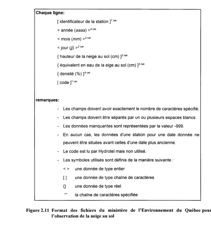 Figure 2.11  Format  des  fichiers  du  ministère  de  l'Environnement  du  Québec pour  l'observation de la neige au sol 