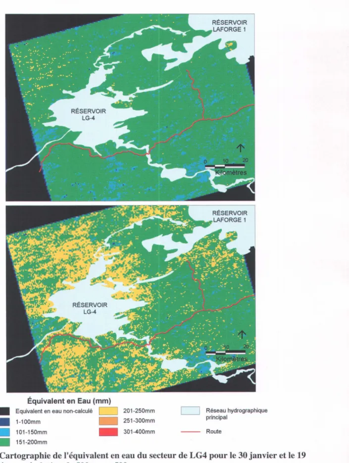 Figure 10:  Cartographie de l'équivalent en eau du secteur de LG4 pour le 30 janvier et le 19  mars 1998,  à  une résolution de 500m par 500m