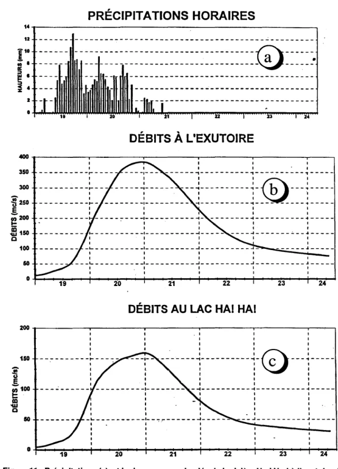 Figure 11  : Précipitations (a), et hydrogrammes simulés de la rivière Ha ! Ha ! à l'exutoire de 