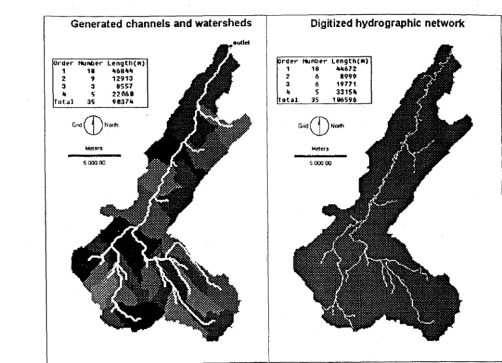Fig.  2  Comparison  of  the  Boyer  river  channel  network  generated  by  DEDNM  and  digitized from the  "blue line"  rivers extracted  from  the  NTS  maps  (1 :50000)