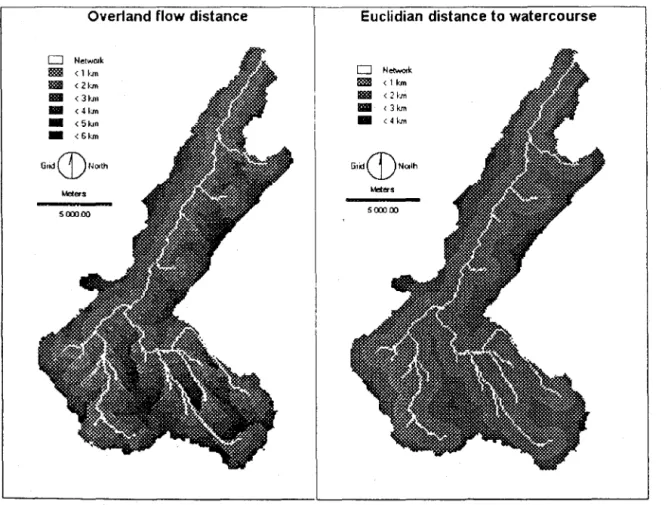 Fig.  3  Comparison  of the  overland  flow  distance  generated  by  DISRIV  and  by  the  spatial DISTANCE function of the GIS