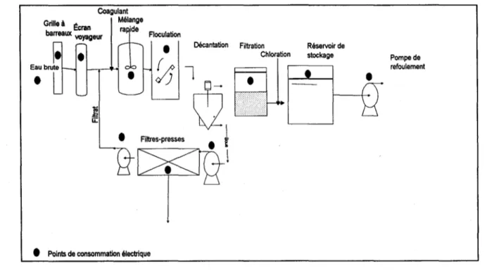 Figure 4.  Chaîne  conventionnelle de  gestion  de  l'eau  de  consommation  approvisionnée à  partir des eaux de surface