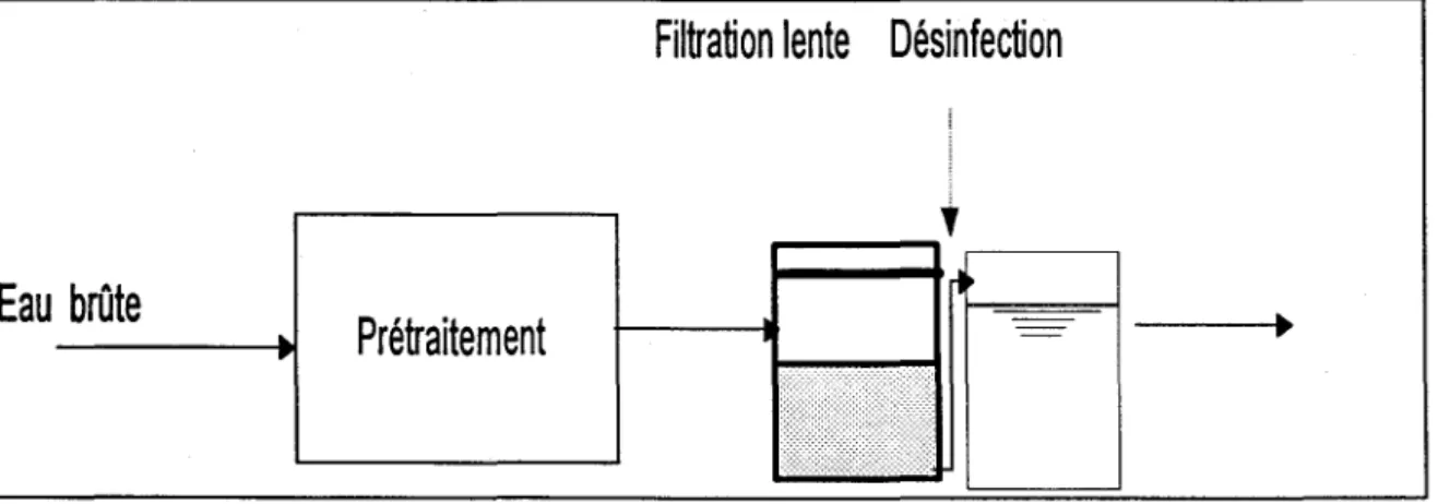 Figure 11.  Chaîne  conventionnelle  des  étapes  de  traitement  de  l'eau  de  consommation par filtration lente